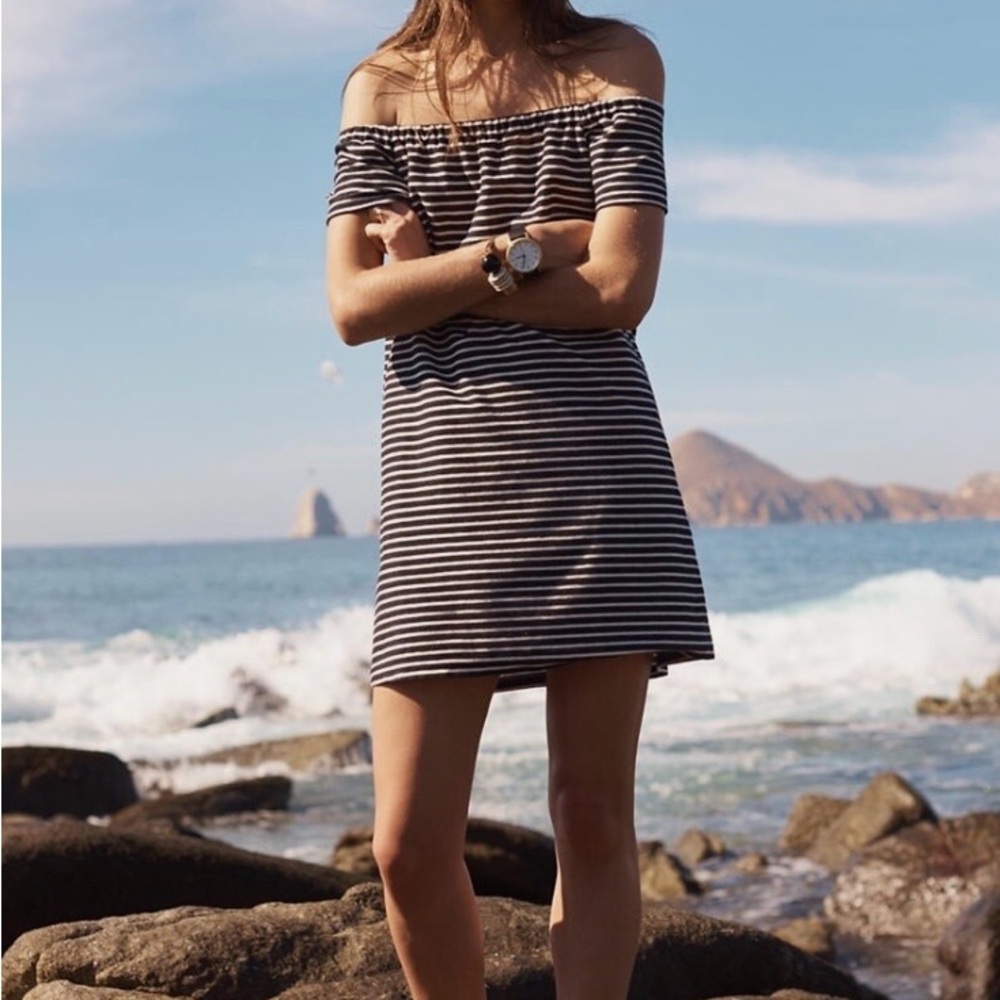 Madewell Black and White Striped Off-Shoulder Mini Dress